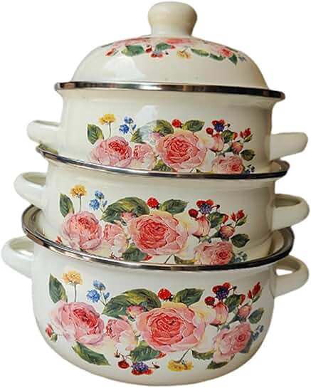 Set of three enamel stockpots with lids for home cooking