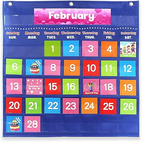 Large Classroom Calendar Pocket Chart with 88 Colorful Cards
