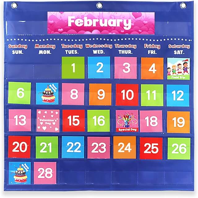 Large Classroom Calendar Pocket Chart with 88 Colorful Cards