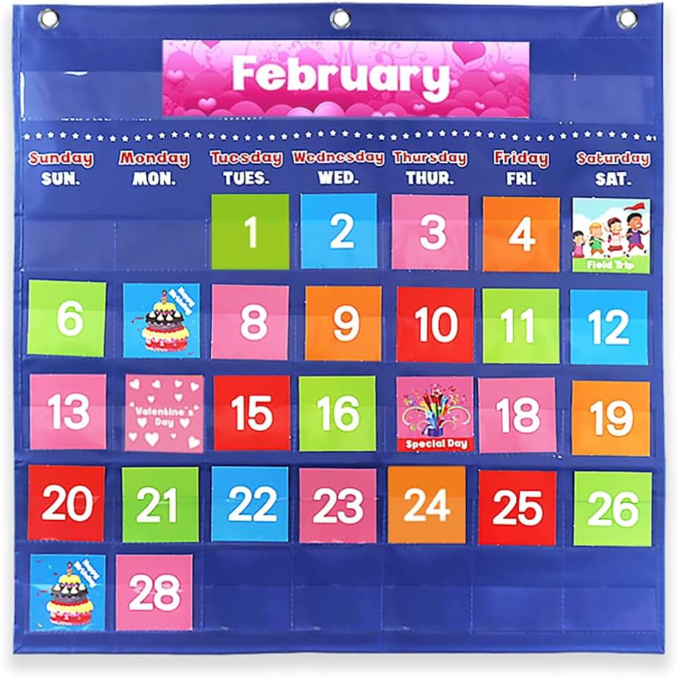 Large Classroom Calendar Pocket Chart with 88 Colorful Cards