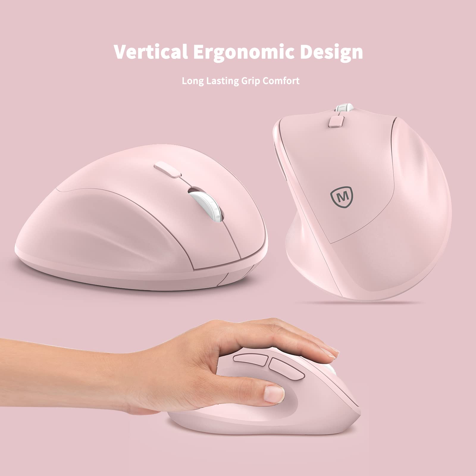 Ergonomic Wireless Mouse with USB Receiver for PC Computer, Laptop and Desktop, Ergo Mouse with Silent Clicks, About 16-Month Battery Life, Up to 1600 DPI & 1 AA Battery Powered, Pink