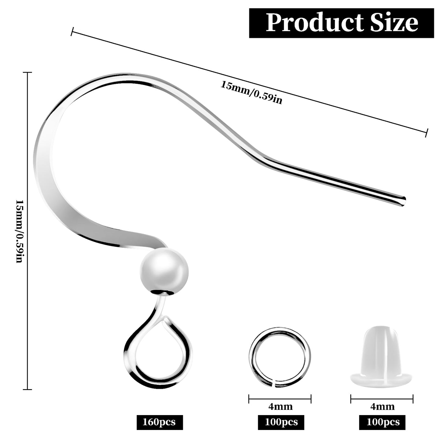 White Gold Earring Hooks with Silicone Backs and Jump Rings for DIY Jewelry
