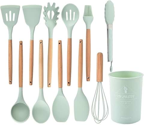 Non-Stick Silicone Kitchen Utensil Set with Wooden Handles