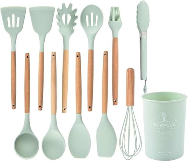 Non-Stick Silicone Kitchen Utensil Set with Wooden Handles