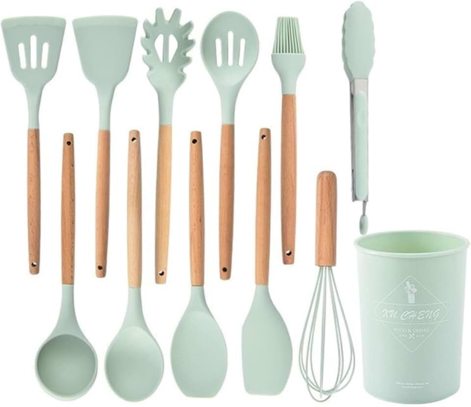 Non-Stick Silicone Kitchen Utensil Set with Wooden Handles