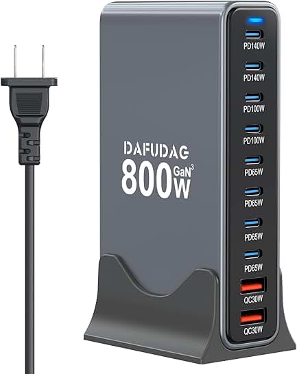 800W USB C GaN Charger with 10 Ports for Fast Charging
