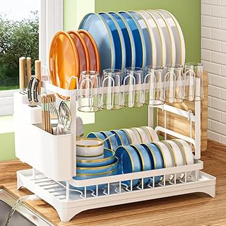 Two-Tier Large Metal Dish Drying Rack with Drainboard