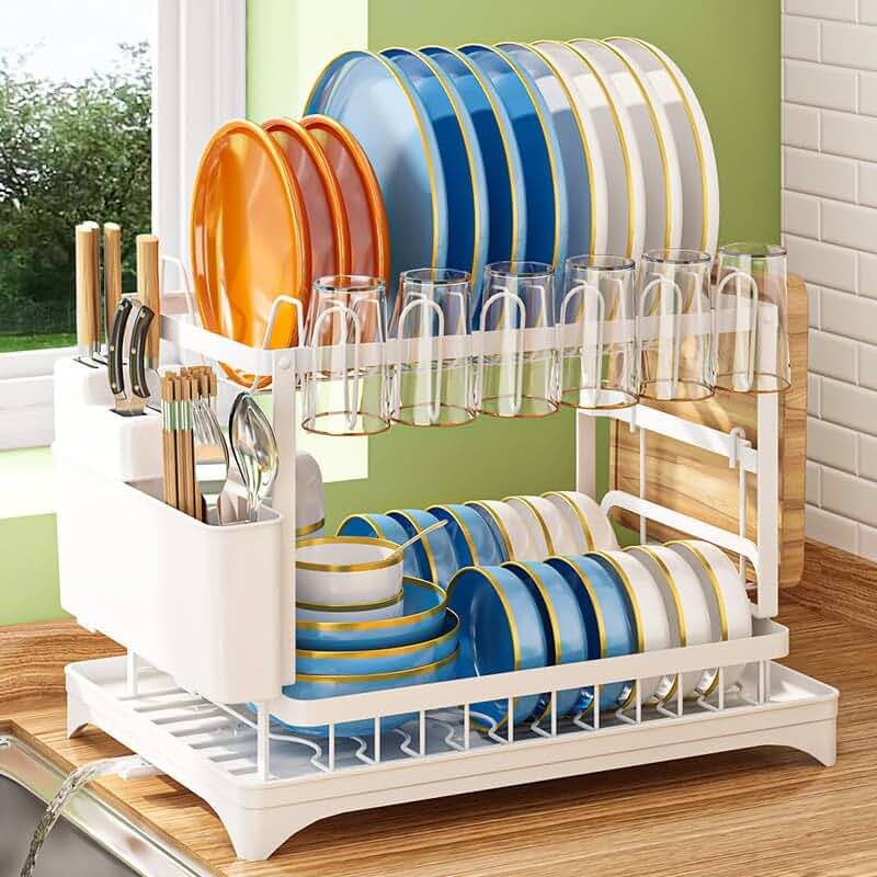 Two-Tier Large Metal Dish Drying Rack with Drainboard