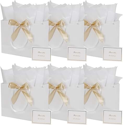 Large White Gift Bag Set with Tissue Paper and Ribbon