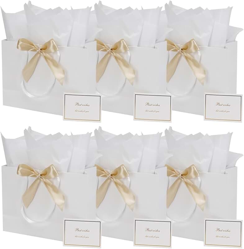 Large White Gift Bag Set with Tissue Paper and Ribbon