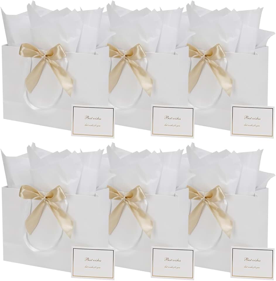 Large White Gift Bag Set with Tissue Paper and Ribbon