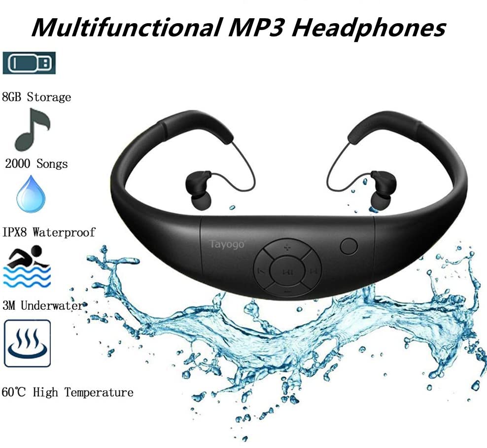 Waterproof Mp3 Player for Swimming, IPX8 8GB Underwater Music Headsets for Sports(4 Pairs Earplugs)-Black