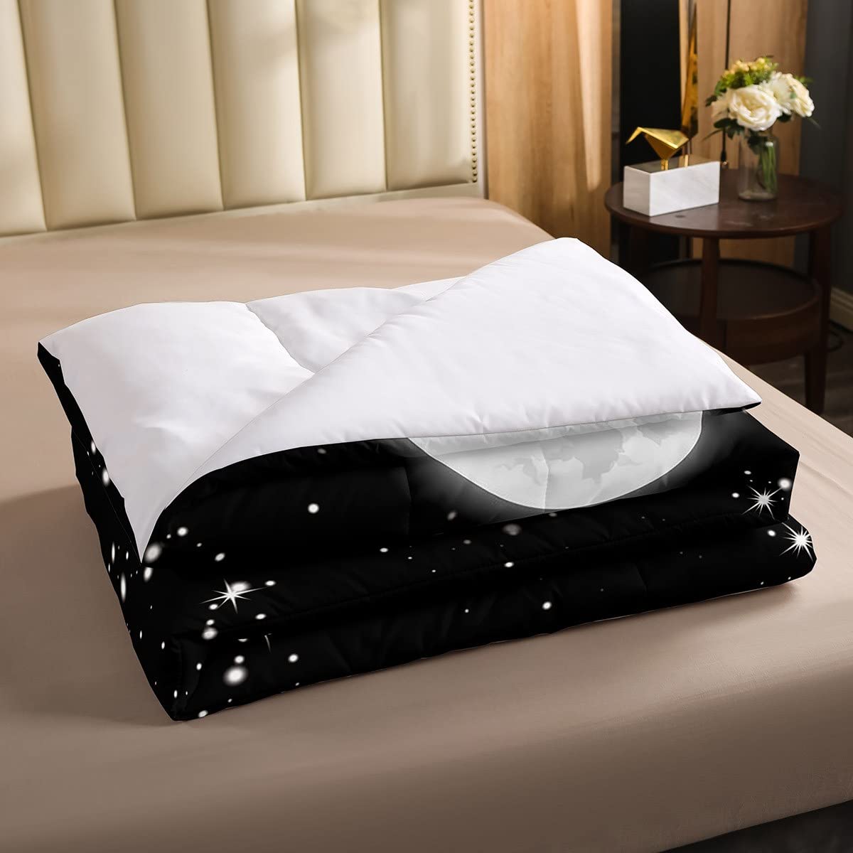 Sea Wave Surfing Comforter Set Ukiyoe Ocean Bedding Set for Kids Boys Girls Moon Comforter White Black Decor Quilt Set Bedroom 2Pcs Twin Size