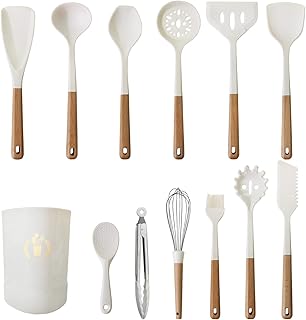 13-Piece White Wooden Handle Utensil Set with Storage Bucket