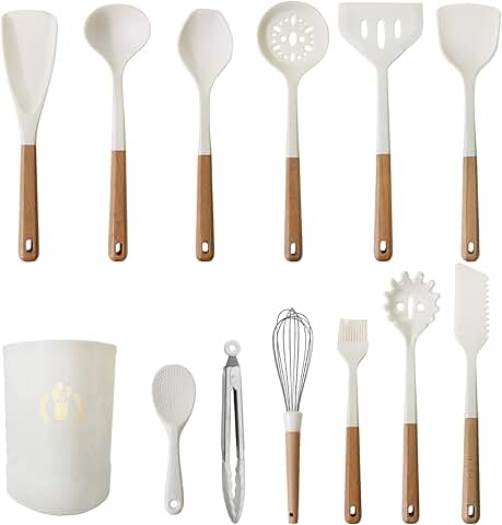 13-Piece White Wooden Handle Utensil Set with Storage Bucket