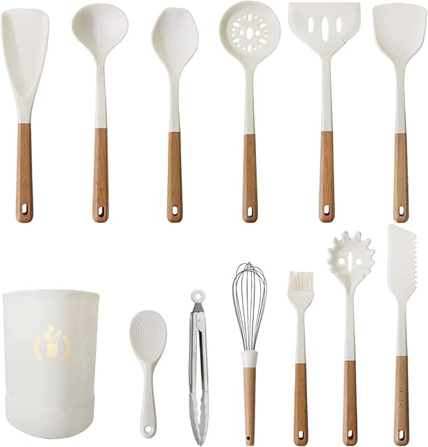 13-Piece White Wooden Handle Utensil Set with Storage Bucket