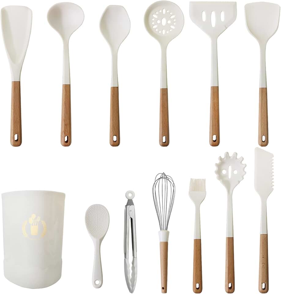 13-Piece White Wooden Handle Utensil Set with Storage Bucket