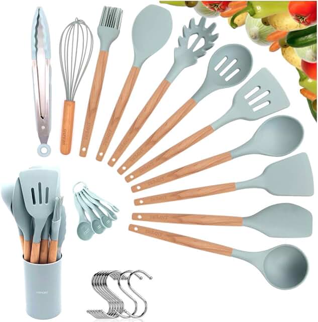 Mint Blue Kitchen Utensil Set with Holder
