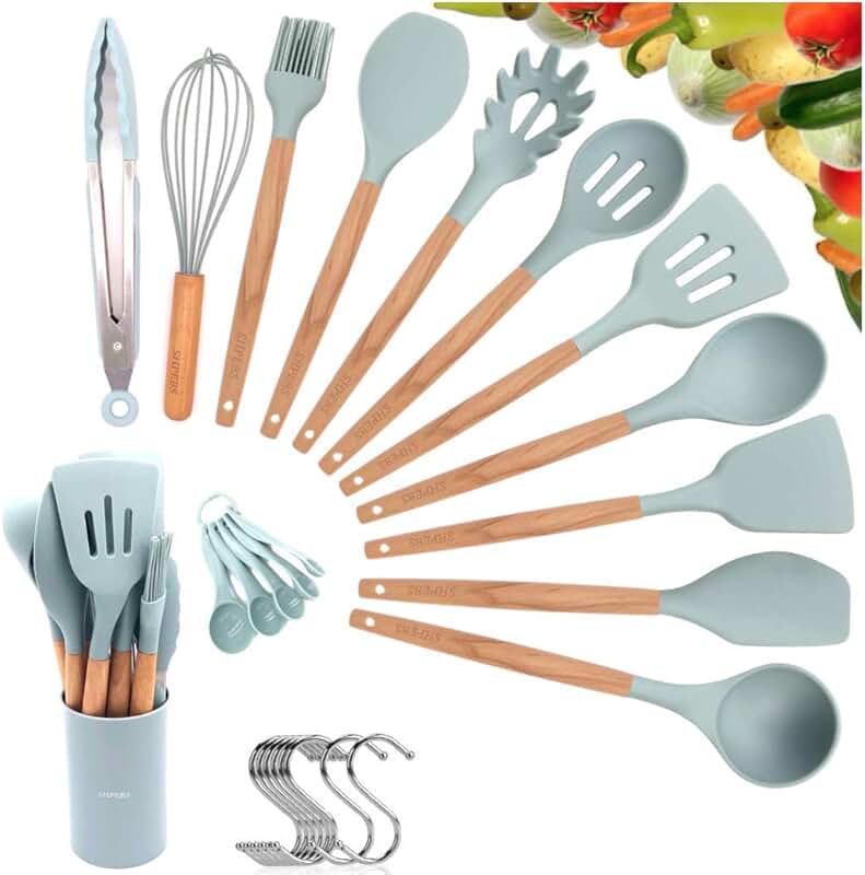 Mint Blue Kitchen Utensil Set with Holder