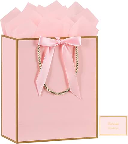 Large pink gift bag with ribbon, card, tissue paper