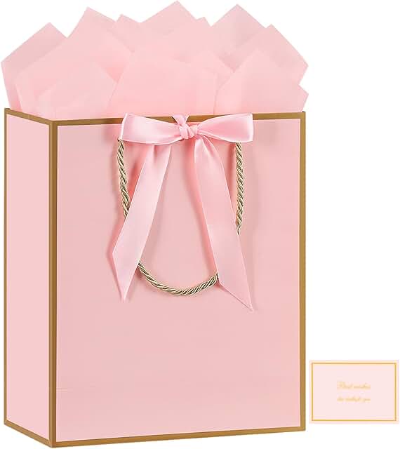 Large pink gift bag with ribbon, card, tissue paper