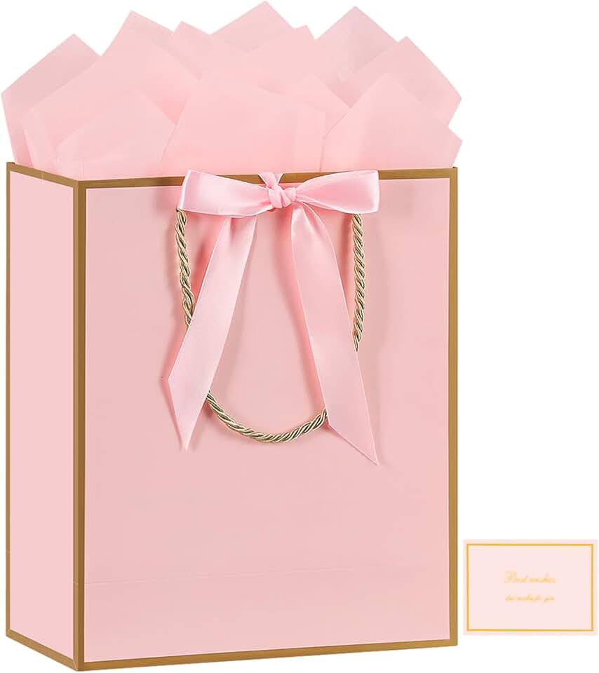 Large pink gift bag with ribbon, card, tissue paper