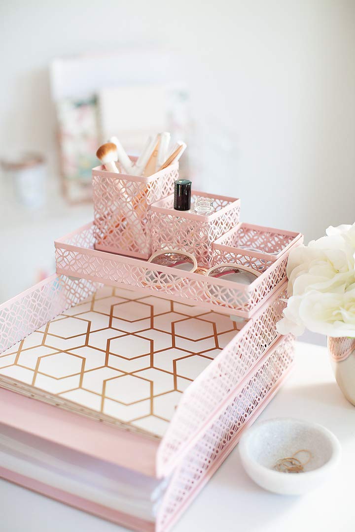 Pink Desk Organizer Set with Pen Cup and Trays
