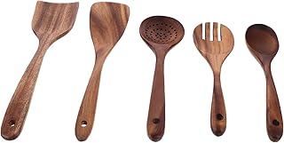 Natural Wood Cooking Utensil Set with Spatula Spoon Ladle and Fork