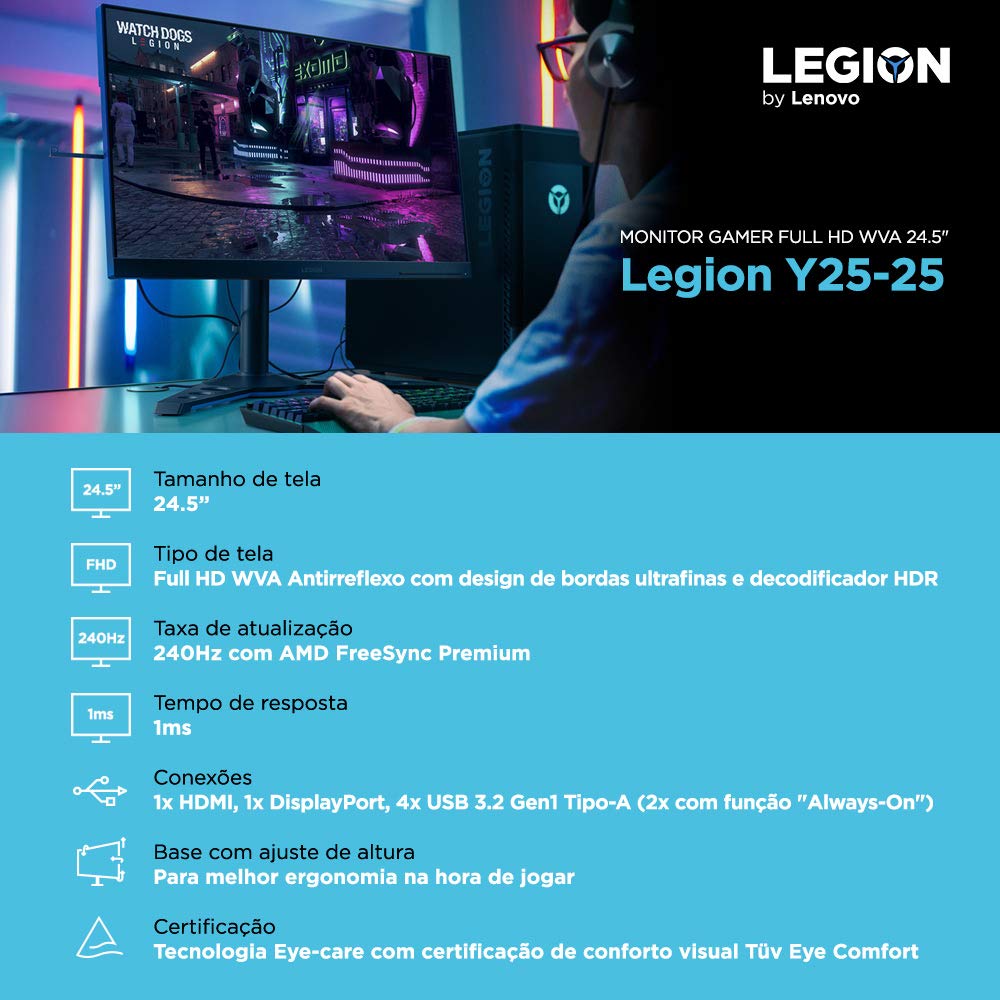 Legion Y25-25 24.5-inch FHD LCD Gaming Monitor, 16:9, LED Backlit, AMD FreeSync Premium, 240Hz, 1ms Response Time