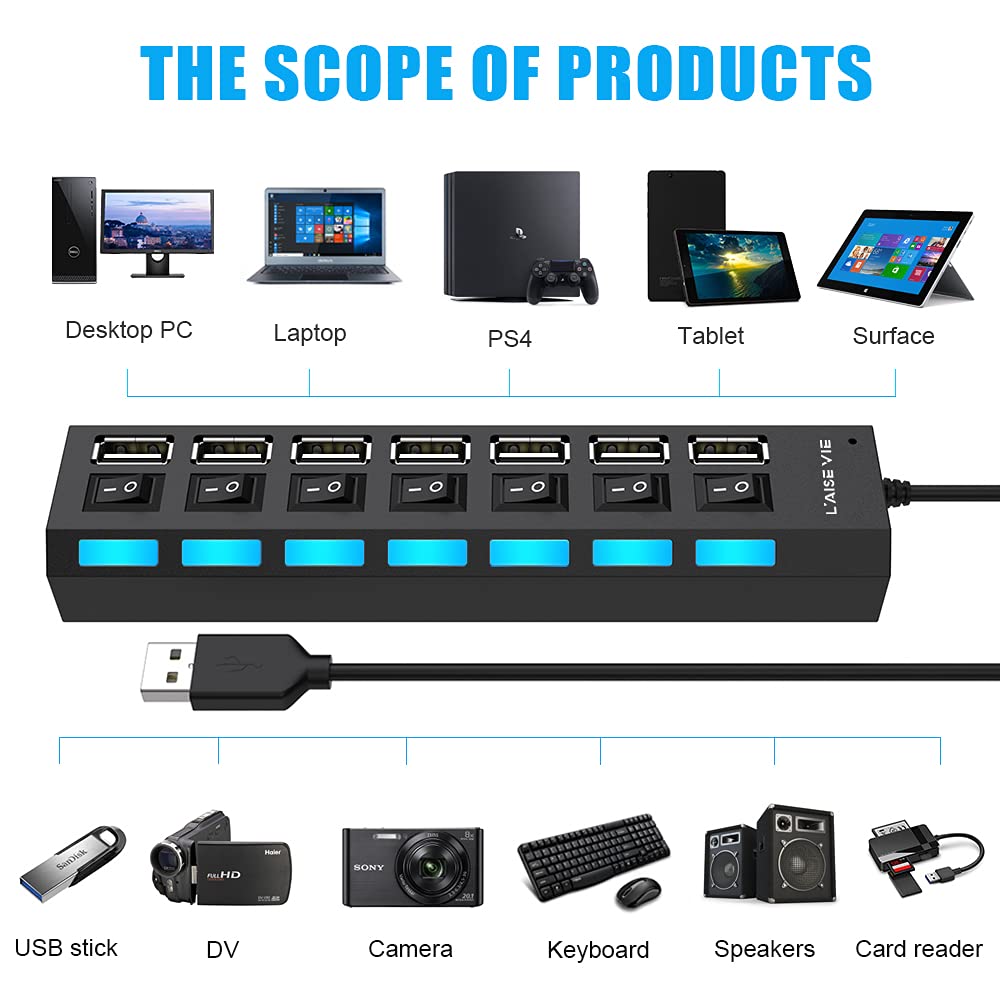 Multi Port USB Splitter, 7 Port USB 2.0 Hub, USB A Port Data Hub with Independent On/Off Switch and LED Indicators, Lights for Laptop, PC, Computer, Mobile HDD, Flash Drive and More (Black 2.0)