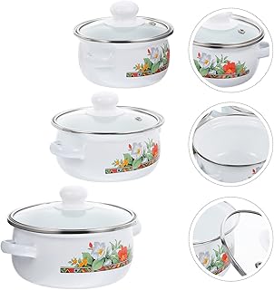 Set of 3 Enamel Saucepan Pans for Cooking