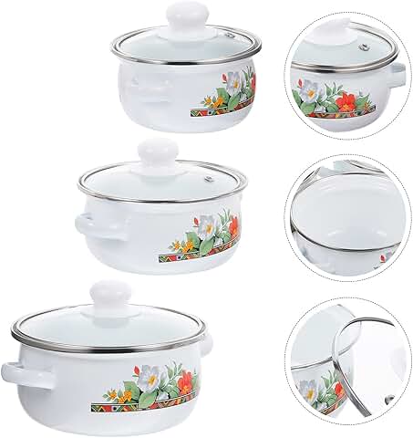 Set of 3 Enamel Saucepan Pans for Cooking