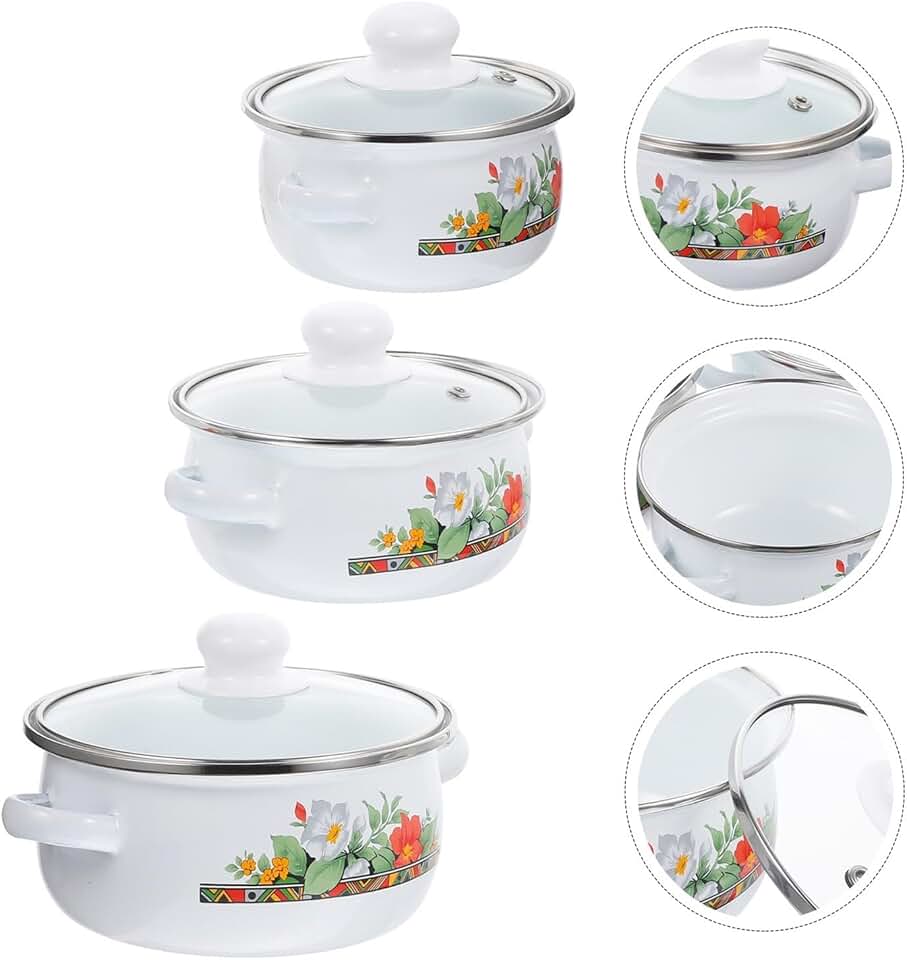 Set of 3 Enamel Saucepan Pans for Cooking