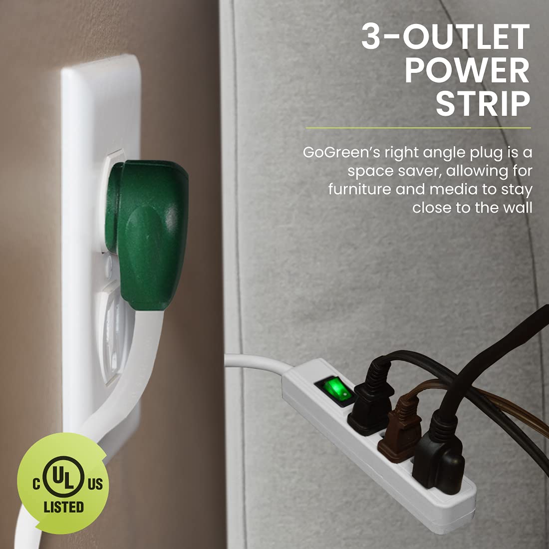 GoGreen (GG-13002MS) 3 Outlet Strip, White, 2.5 Ft Cord