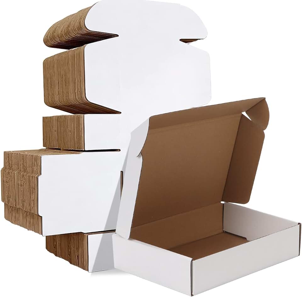 Set of 50 white corrugated shipping boxes, 9x6x2 inches