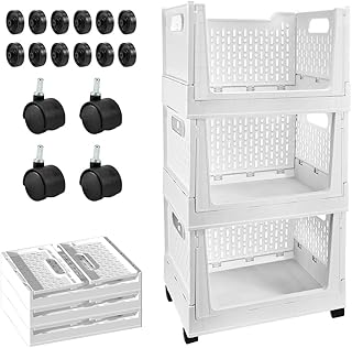 Three Pack Stackable Foldable Storage Bins with Wheels