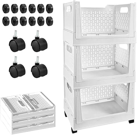 Three Pack Stackable Foldable Storage Bins with Wheels
