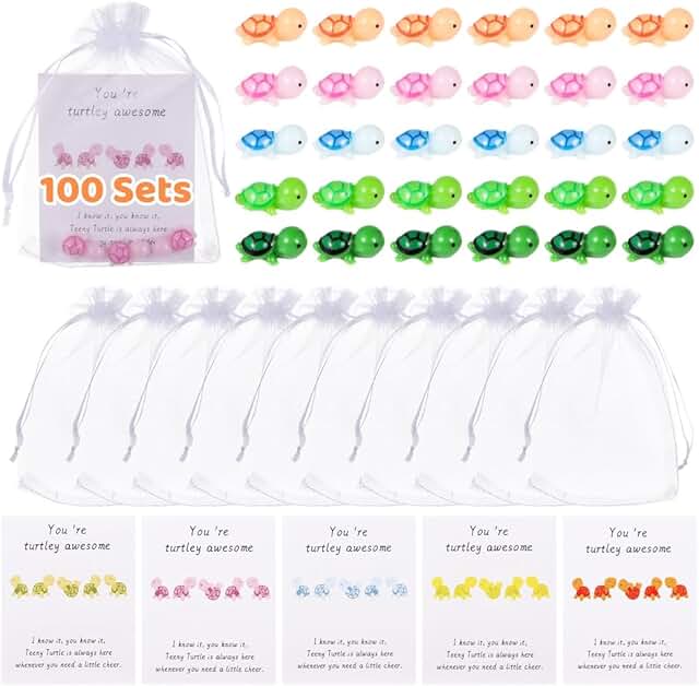 Set of 100 Organza Bags, Turtle Figures, Thank You Cards, and Inspirational Gifts