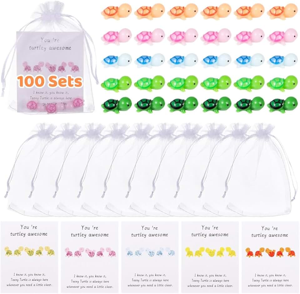 Set of 100 Organza Bags, Turtle Figures, Thank You Cards, and Inspirational Gifts