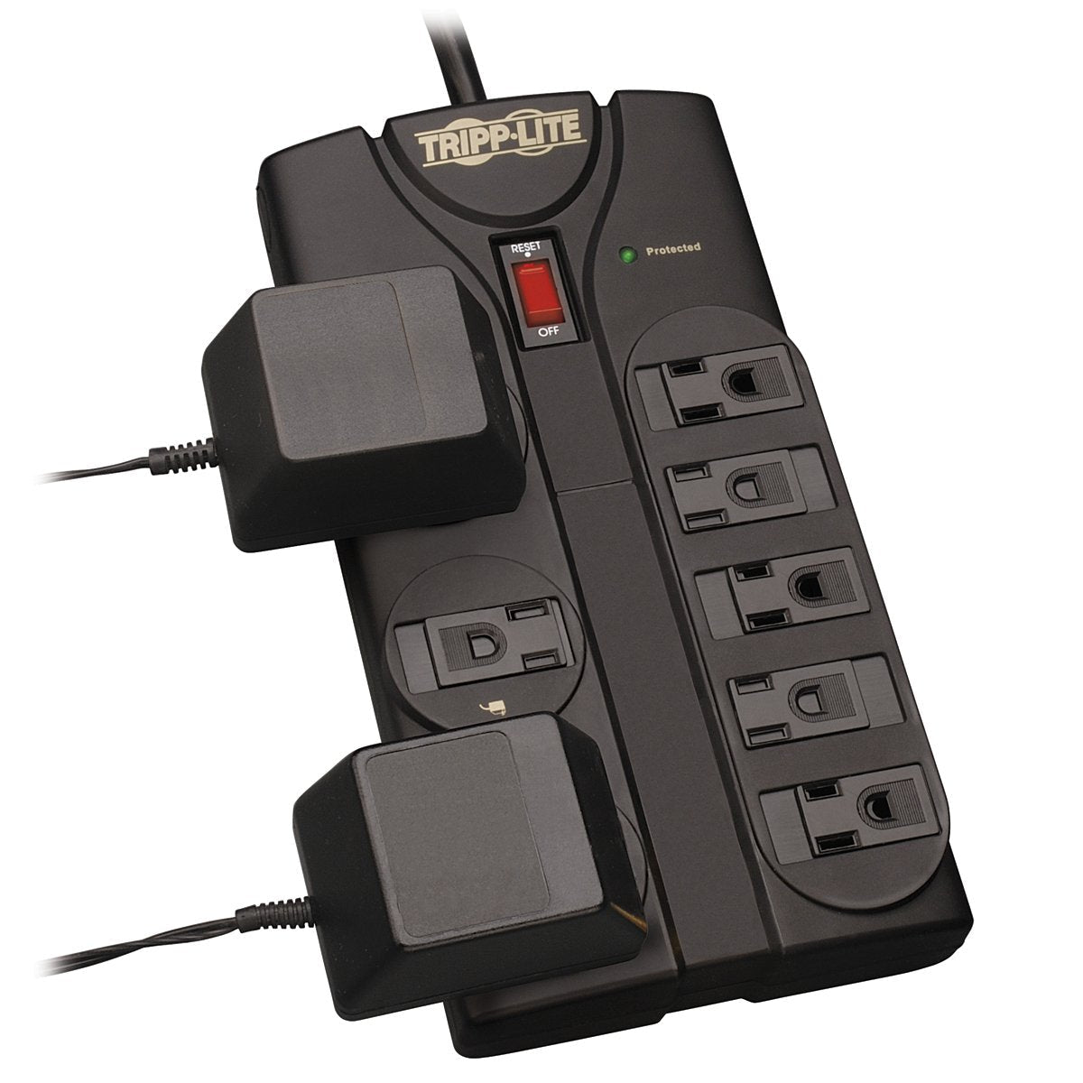 TLP808B 8 Outlet Surge Protector Power Strip, 8ft Cord Right Angle Plug, Black, Lifetime Insurance