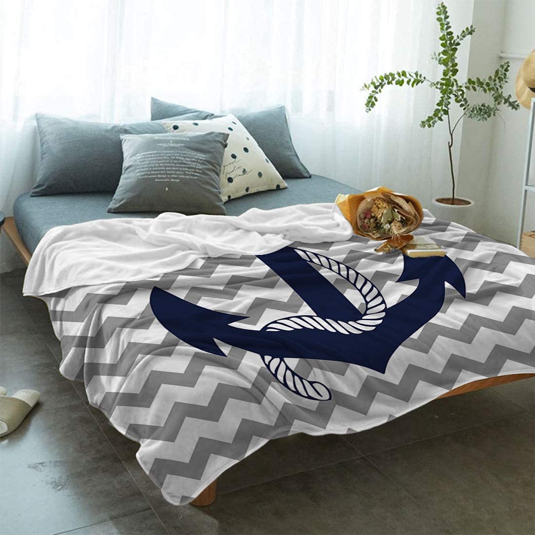 Flannel Fleece Lightweight Cozy Couch/Bed Super Soft Warm Plush Microfiber Throw Blanket, l Navy Anchor with Gray and White Chevron 40 x 50 Inches)
