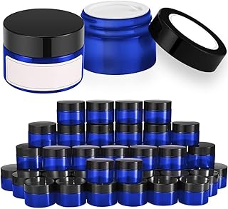 48 Blue Glass Jars with Lids and Labels