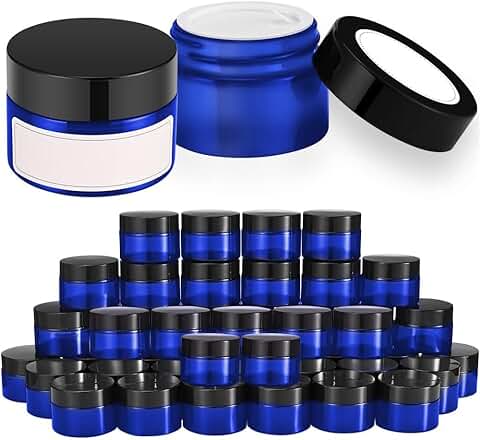 48 Blue Glass Jars with Lids and Labels