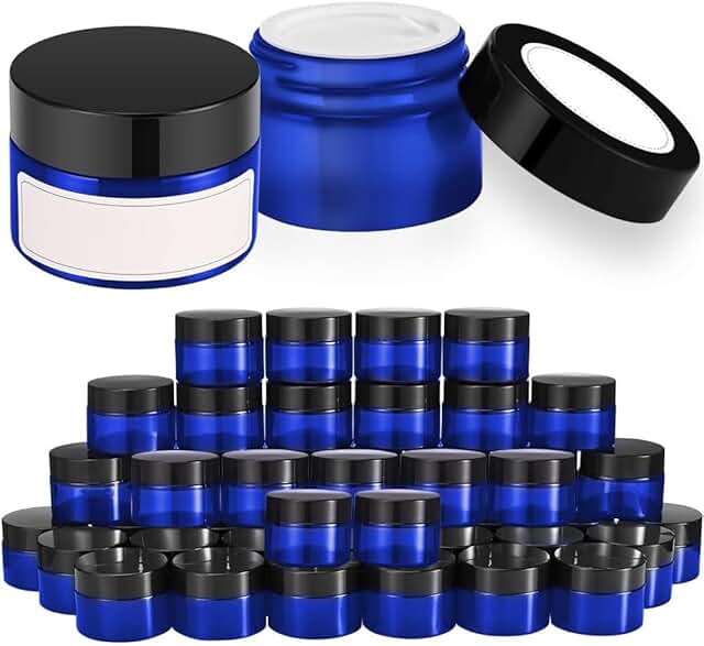48 Blue Glass Jars with Lids and Labels