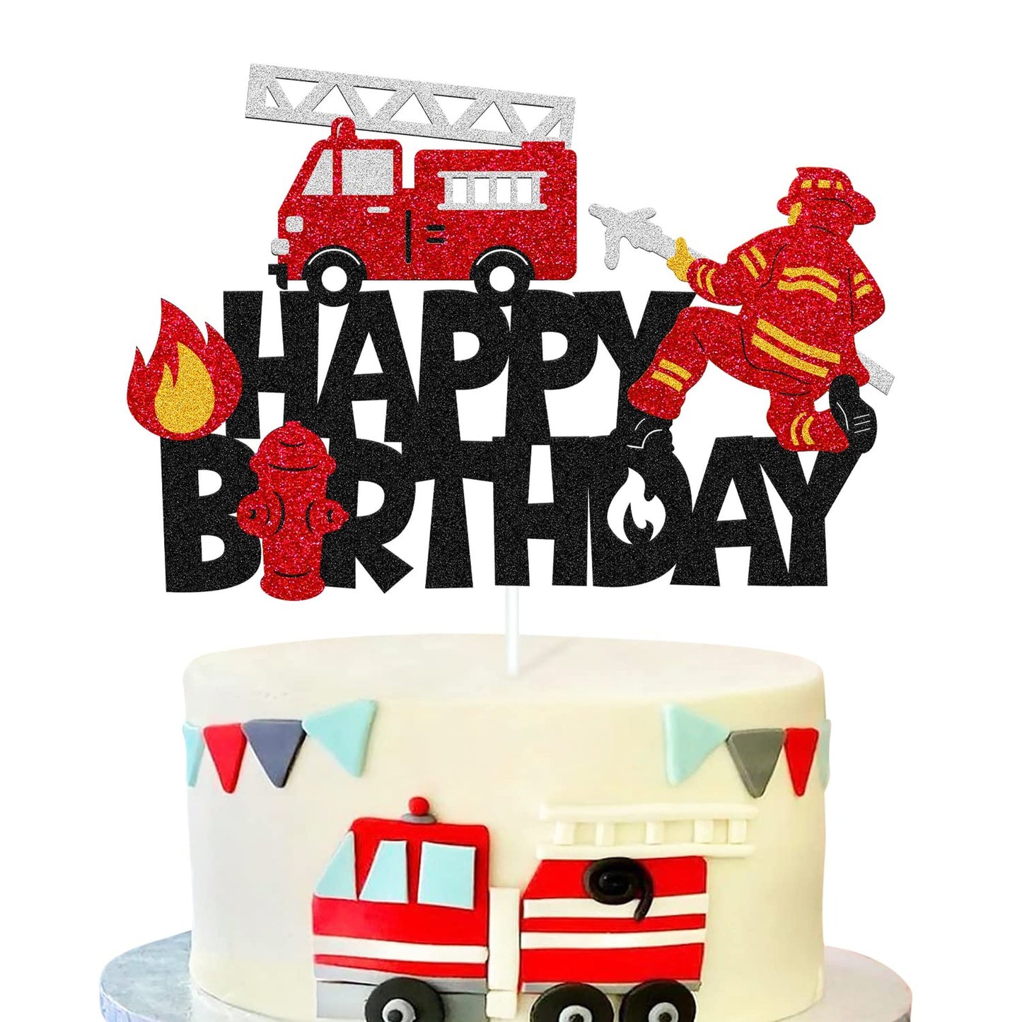 Firefighter Fun Cake Topper Set - Engine Truck, Hydrant, Helmet Alarm - Kids Birthday Party Decoration for Boys and Girls - Happy Birthday Theme