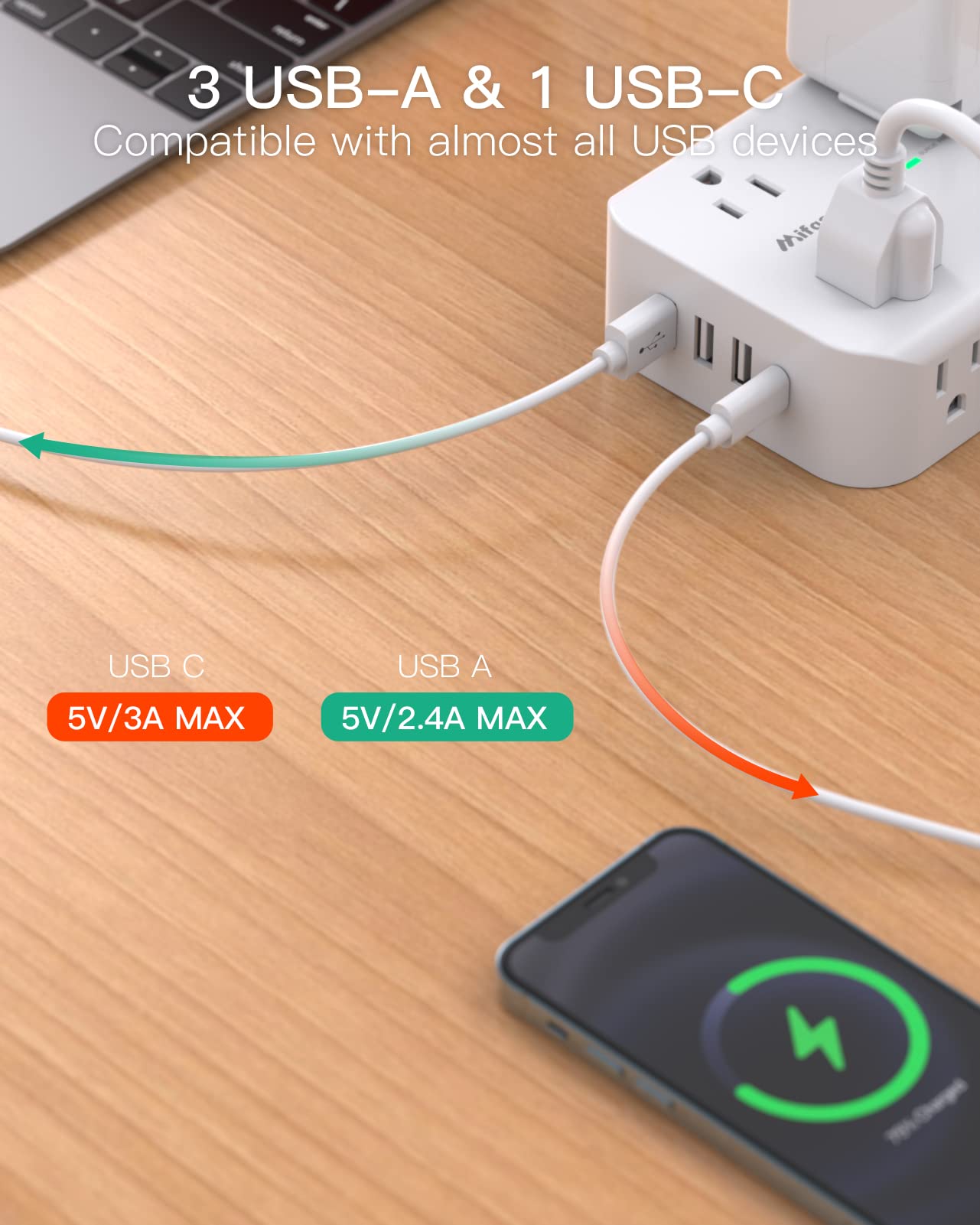 Surge Protector Power Strip 10ft Cord - Flat Plug, Wall Mount, 8 Wide Outlets with 4 USB Ports (1 USB C), Heavy Duty Extension Cord, Charging Station Overload Protection for Home, Office and Dorm