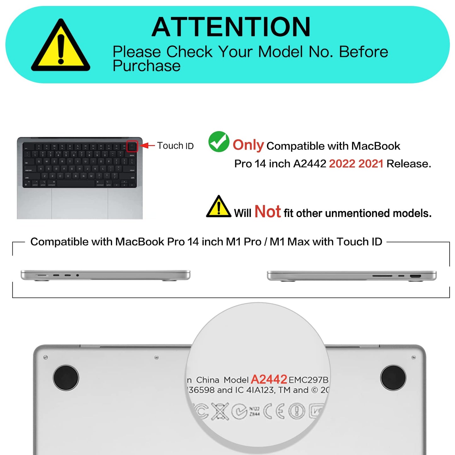 Compatible with MacBook Pro 14 inch Case 2021 2022 Release A2442 M1 Pro/Max with Liquid Retina XDR Display Touch ID, Plastic Hard Shell&Keyboard &Screen Protector&Storage Bag, Black