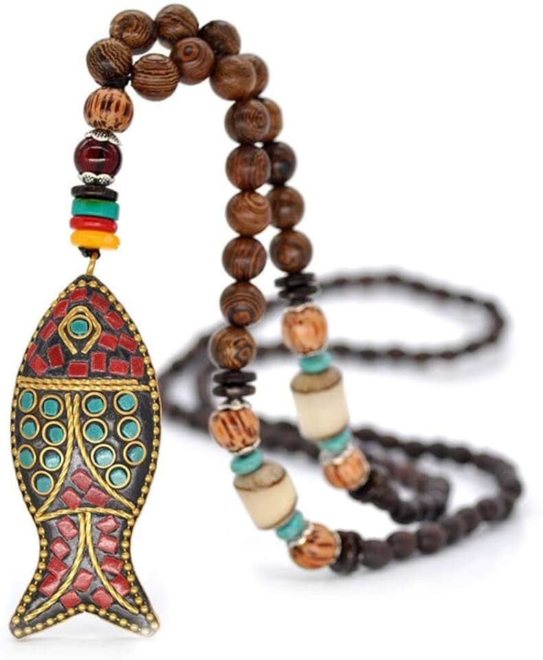 Handmade Turquoise and Wood Bead Long Necklace for Women