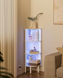 White 4-Tier Corner Shelf with Light for Living Room and Bedroom