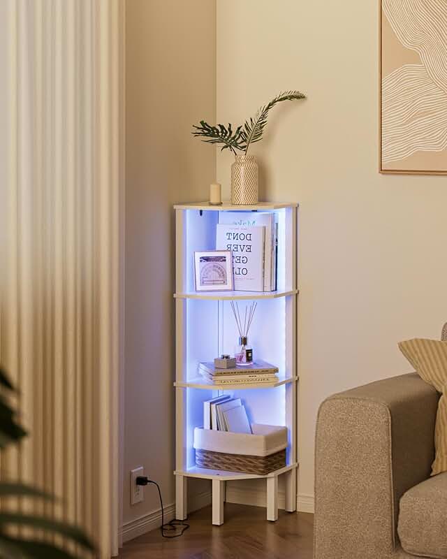 White 4-Tier Corner Shelf with Light for Living Room and Bedroom